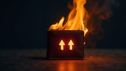 Wallet ignited with flames on dark wooden surface creates a dramatic and intense visual display