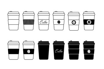 Set of takeaway coffee cup icons in black and outline style