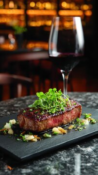 Wagyu steak with herbs and garlic and red wine glass &ndash; 9:16 vertical