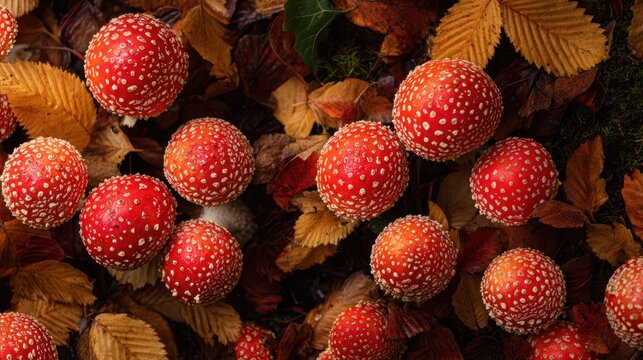 Red-capped fly agaric mushrooms surrounded by autumn leaves
