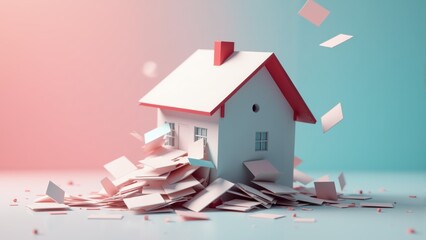 Creative paper house surrounded by fluttering paper sheets in a playful setting