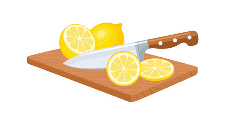 Sliced lemons with knife on cutting board. Cooking concept. Vector cartoon illustration of fresh citrus fruit.