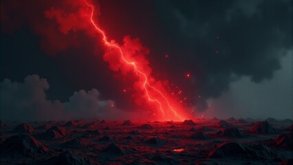 Fiery lightning strikes over a desolate landscape under ominous storm clouds at twilight