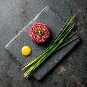 Raw wagyu tartare with mustard and chive stems on slate platter