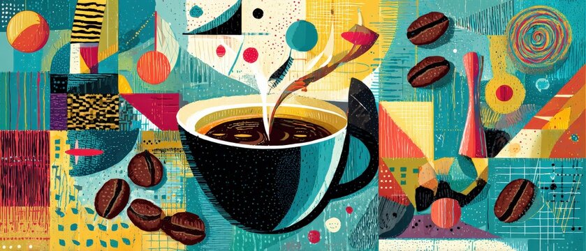 Abstract coffee art with vibrant geometric shapes and coffee beans Modern artistic design of coffee cup with steam, perfect for cafe or restaurant decor