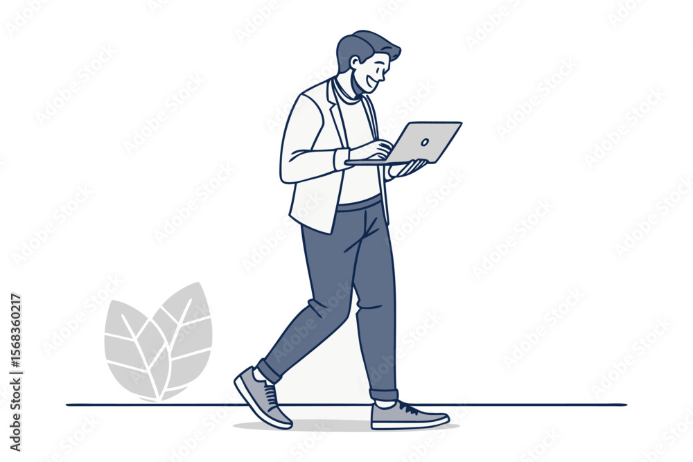 Fototapete Laptop User's Stroll: A digitally rendered individual is engrossed in using a laptop while walking forward. The scene is set on a white backdrop, capturing a blend of technological engagement.
