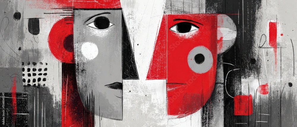Sticker abstract portrait of two faces in red and gray with geometric shapes modern art concept of duality, 