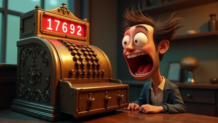 Excitement fills the air as a boy discovers a mysterious countdown on a vintage cash register in a cozy workshop