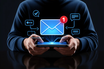 Businessman uses a digital tablet to touch social media and email icons, symbolizing modern communication and network connections