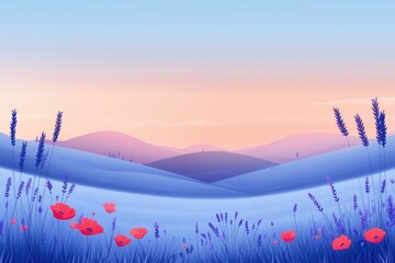 Fantasy landscape with lavender fields, red poppies, and distant hills at dusk

