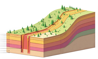Layers of earth revealed in a stunning geological cross-section with a majestic mountain backdrop