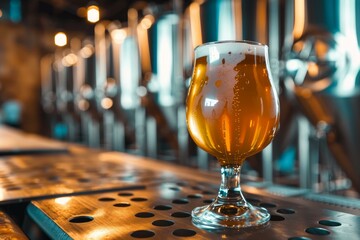 Refreshing craft beer is displayed on a metal bar top, with brewery fermentation tanks visible in the background