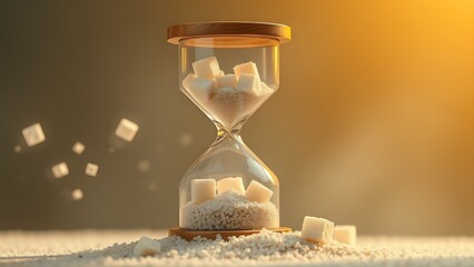 A broken hourglass with sugar cubes instead of sand, swept away by a golden breeze, symbolizing fleeting sweetness.