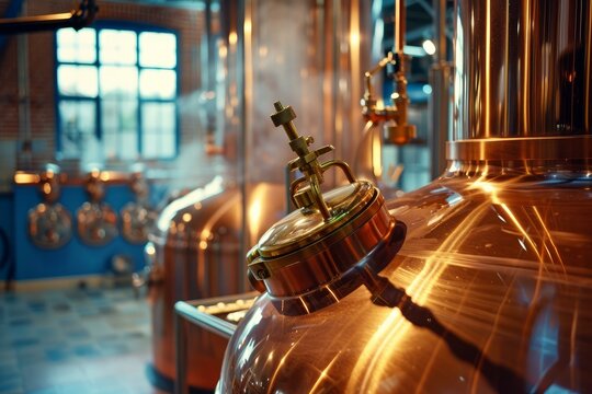 Steam rising from copper beer brewing kettles in a modern brewery