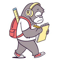 Grumpy expression on a Gorilla in a Back to school theme, with wearing headphones – Chalkboard Fun vector art
