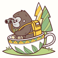 Playful expression on a Gorilla in a Forest adventure theme, with sitting in a teacup ride – Evergreen Trails vector art