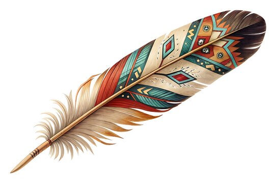 Ornate native american style feather with geometric patterns isolated on white background