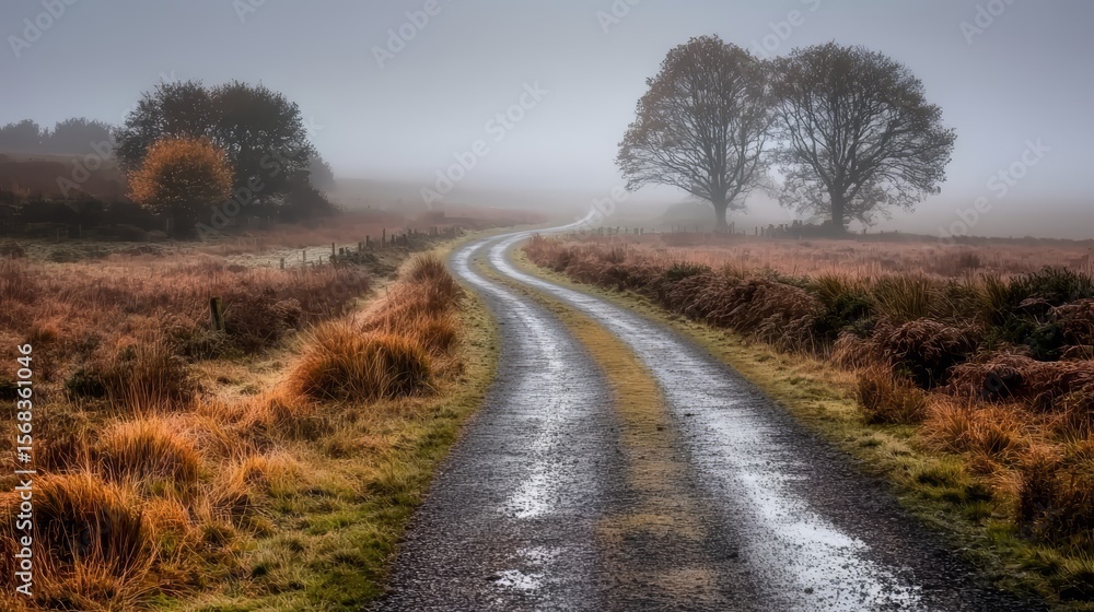Poster road with two trees on either side of it. the road is wet and the trees are bare