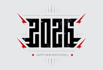 Happy New Rock'n'roll 2026. Music poster with stylized inscription, red lightnings and star. 2026 - t-shirt design for new year party. Cool print for t-shirt apparels with a cool inscription.
