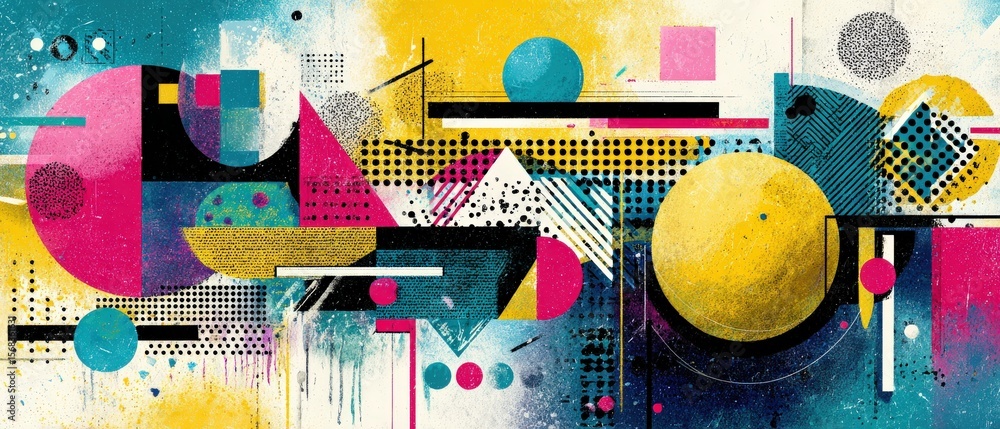 Poster vibrant abstract geometric art with circles, triangles, and squares in a modern colorful design conc