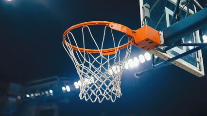 Brightly lit basketball hoop and net under stadium lights
