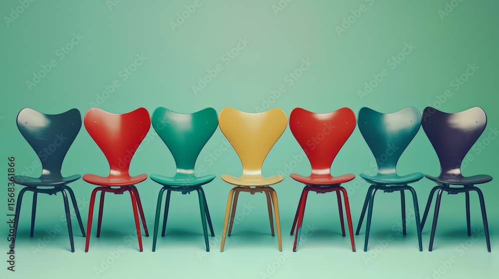 Poster row of colorful chairs are lined up against a green wall. the chairs are of different colors and siz