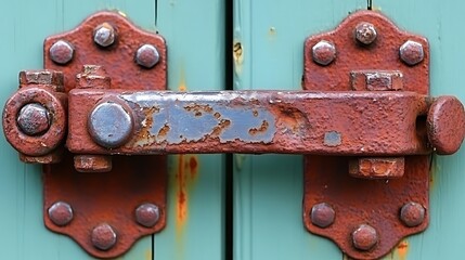 Close-up of a rusty metal latch on a teal door.