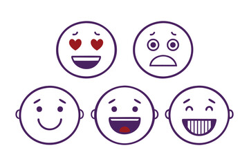 An emoji is a set of funny cartoon faces, an illustration of smiling and angry character expressions, smiling face icons, colorful cartoon facial expressions, hand-drawn style, andsimple illustration