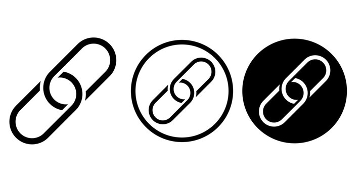 Flat minimalist link button icon set in outline style, vector EPS 10 format. Features chain and hyperlink symbols for web navigation, connection tools, apps, and digital user interfaces.