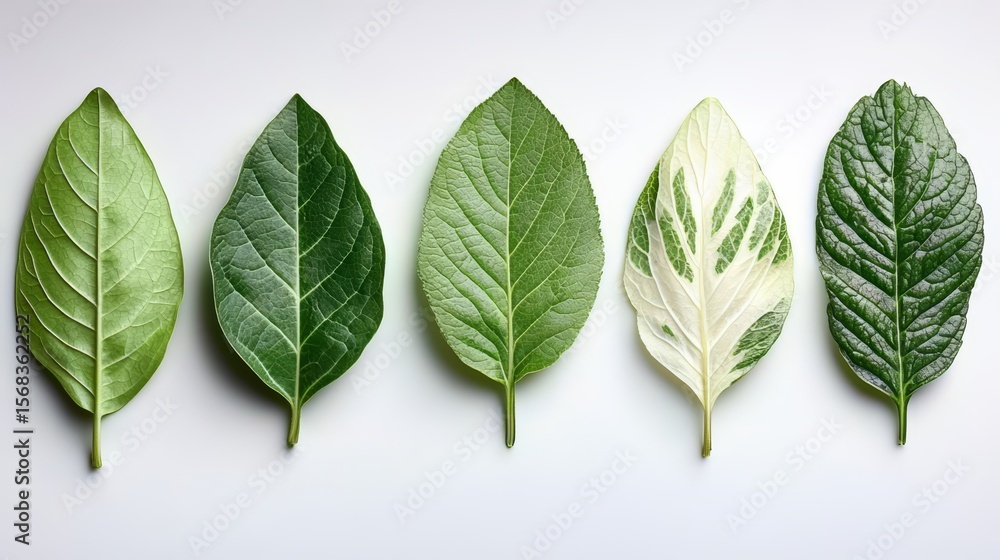 Poster row of five green leaves with one leaf having a white stripe. the leaves are arranged in a row on a 