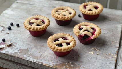 Freshly baked mini berry pies on rustic wooden table