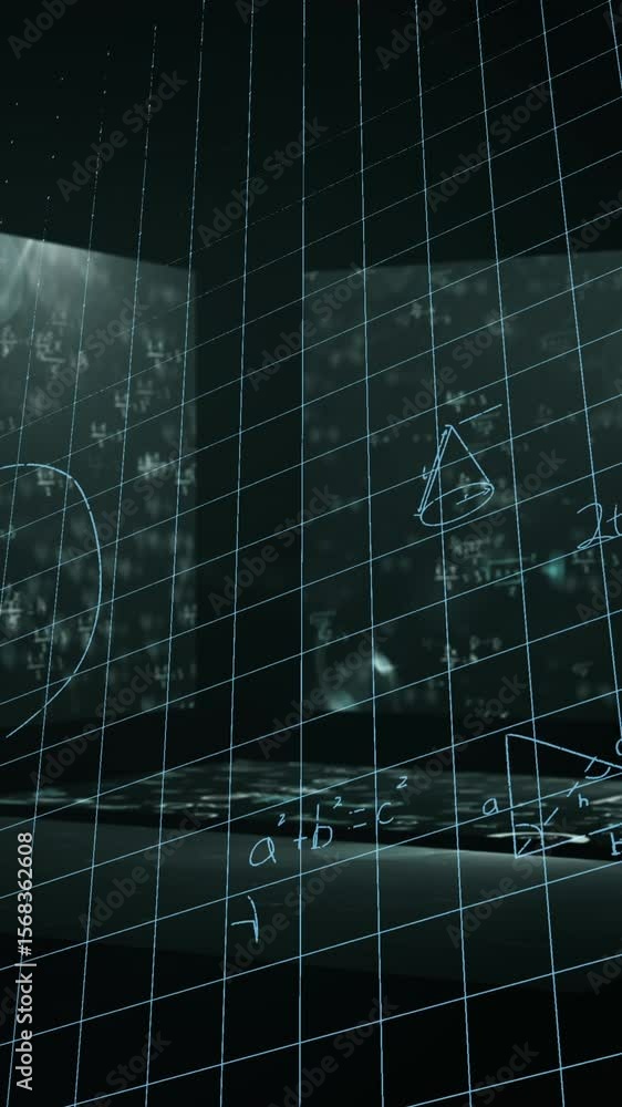 Poster animation of data processing and mathematical equations over screens