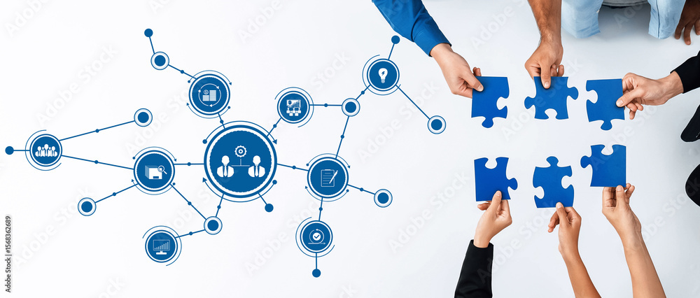 Poster explore the essence of collaboration in business with this visual representation of teamwork, puzzle