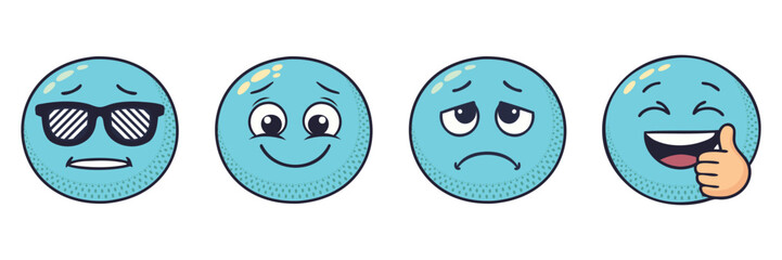A set of blue emoji with happy, funny, and sad cartoon faces, symbolizing expressions of fun and happiness, blue cartoon emoticons with different expressions, a cute smiling face with sunglasses