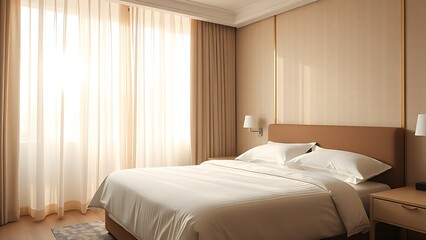 A serene hotel room bathed in morning light, with neatly made bed and sheer curtains.