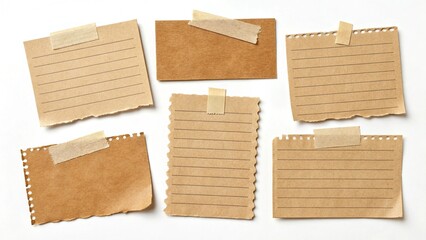 Rustic Brown Torn Paper Notes with Tape:  Blank Lined and Plain Kraft Paper Textures, Vintage Aesthetic.
