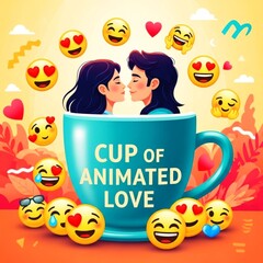 Adorable Heart Characters and Expressive Love Cups Overflowing with Emoticons and Colorful Joy — Ideal for Valentine’s Day, Romance, Digital Stickers, Greeting Cards, and Whimsical Art Projects