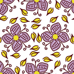 Trendy Floral pattern in the many kind of flowers. Tropical botanical Motifs scattered random. Seamless vector texture. For fashion prints. Printing with in hand drawn style on peach background