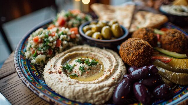Close-up of a vibrant Mediterranean mezze platter featuring creamy hummus topped with olive oil and herbs, green olives, tabbouleh salad, falafel, and warm pita bread. The inviting presentation 