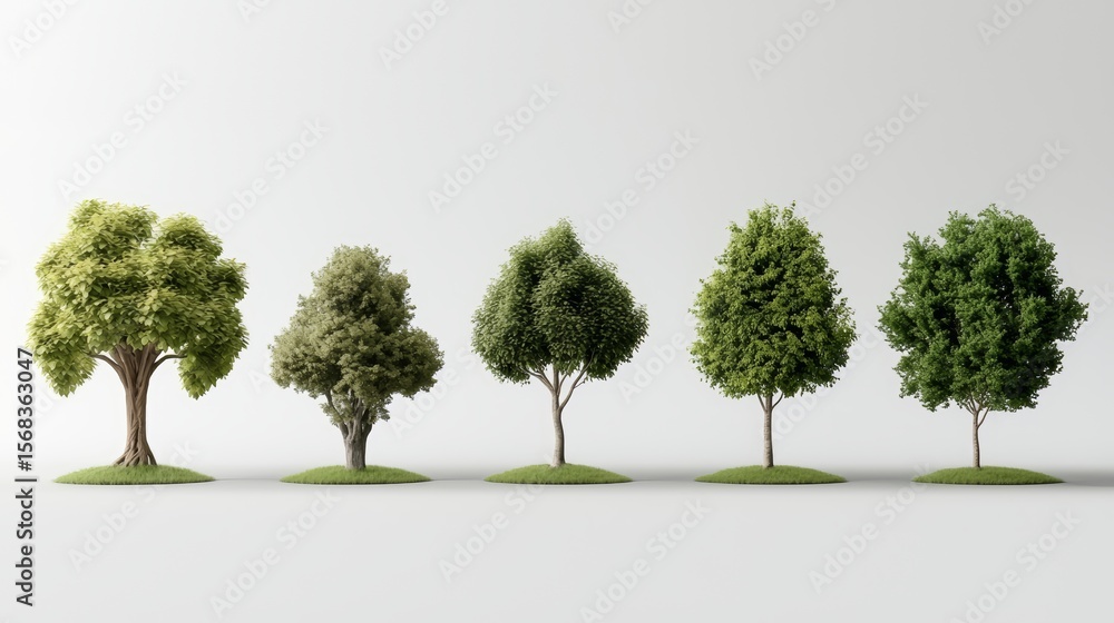 Poster row of trees with different sizes and shapes. the trees are all green and are lined up next to each 