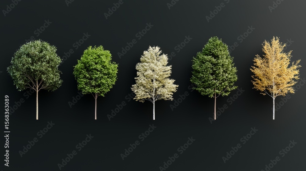 Poster row of trees with different colors and sizes. the trees are arranged in a row, with the tallest one 