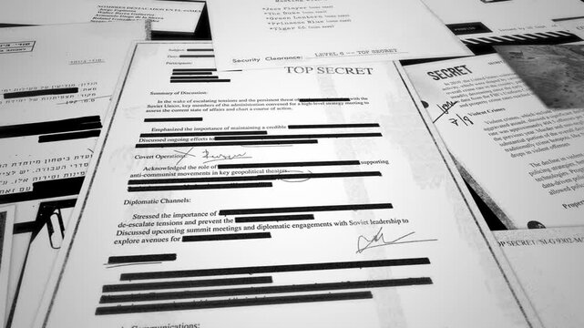 Panning over classified top secret reports and documents of government activity. Close up on pile of paperwork files and data with censored and redacted text. Sensitive military information exposed
