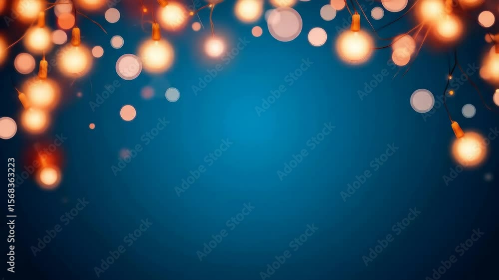 Poster festive string lights on blue background - warm-toned string lights with a bokeh effect are arranged