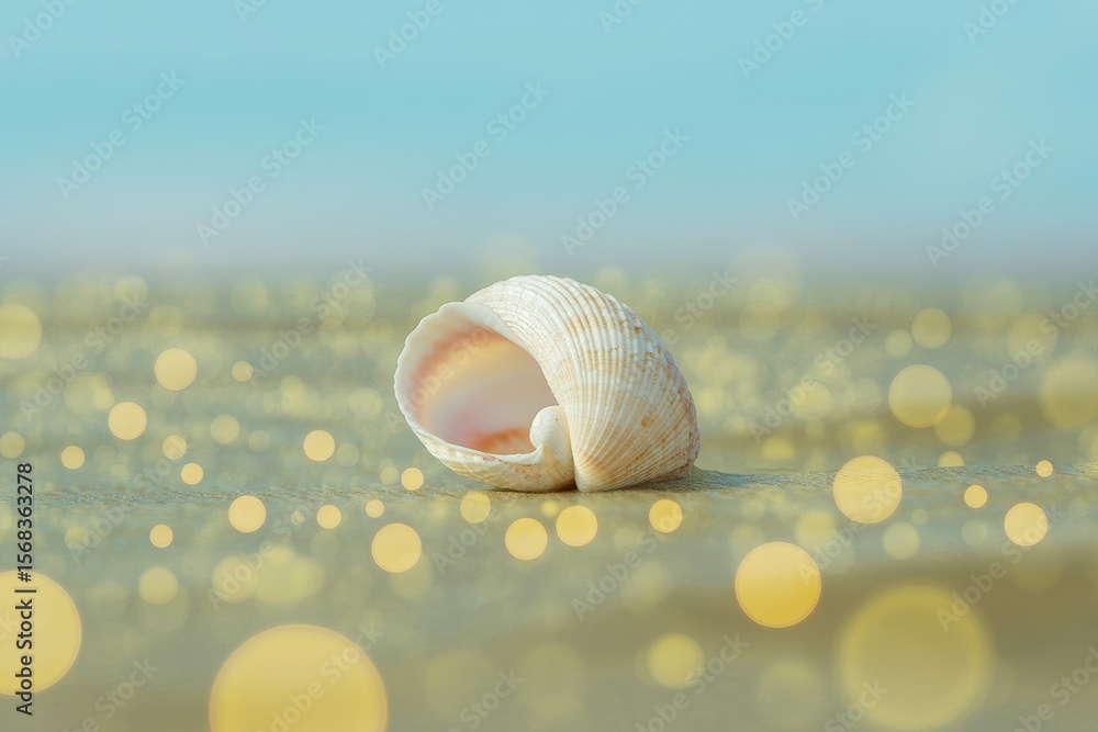 Aufkleber seashell resting on surface with bokeh effect against blurred light blue backdrop