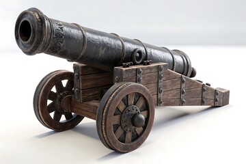 Antique wooden and metal cannon on wheels isolated on white background
