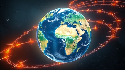 Earth rotates with glowing energy lines connecting to futuristic power stations.