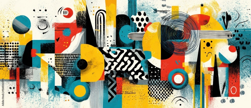 Poster vibrant abstract painting with geometric shapes and bold colors in a modern art style dynamic compos