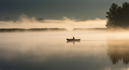 Solitary rower navigates misty lake at dawn, silhouette against golden light