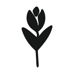 Simple black silhouette of a stylized flower with leaves on a white background.