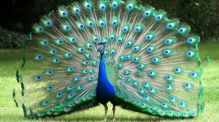 Obraz premium Vibrant peacock displaying its iridescent feathers in a lush garden nature photography scenic viewpoint